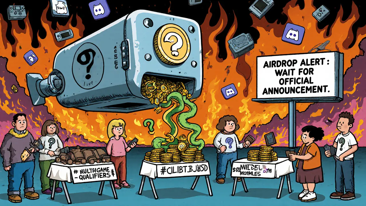 A chaotic marketplace sells fake Multigame NFTs while a robot dispenses money that turns into snakes.