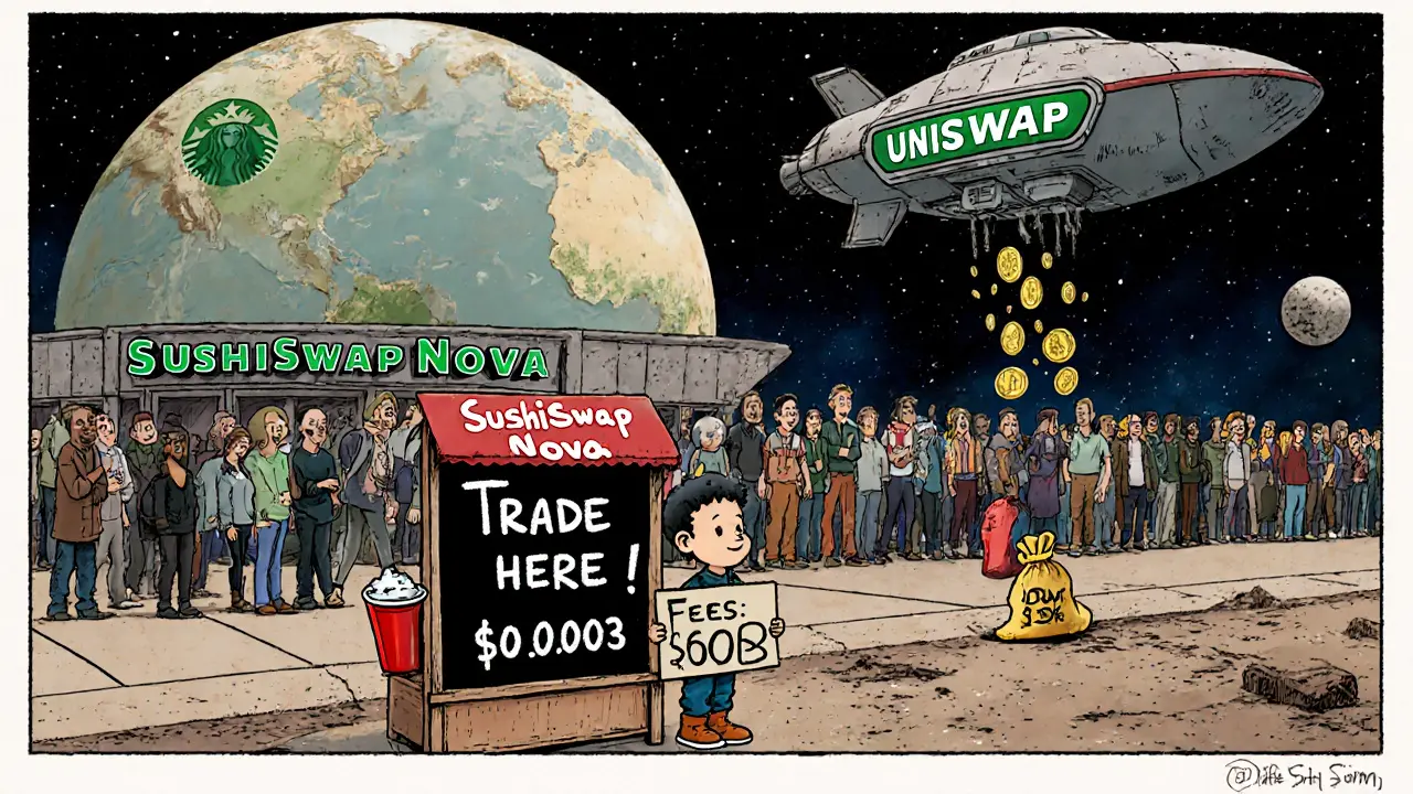 A child&#039;s lemonade stand labeled &#039;SushiSwap Nova&#039; sits ignored beside a giant Starbucks, with a spaceship dropping gold coins past it.