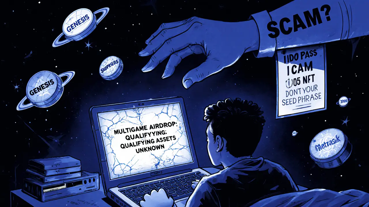 A person stares at a laptop with unclear airdrop info, surrounded by floating NFTs and a scam hand reaching down.