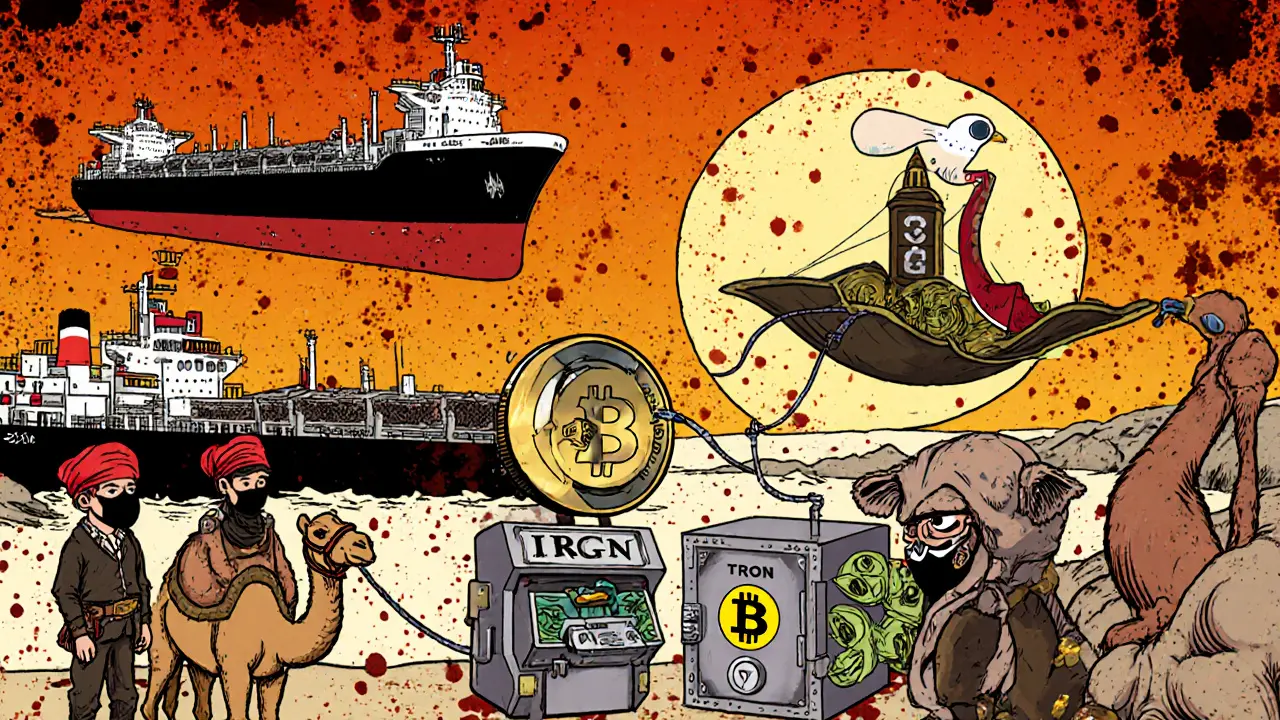 A surreal crypto heist with oil tankers, masked figures, and a flying carpet sending Bitcoin through front companies.