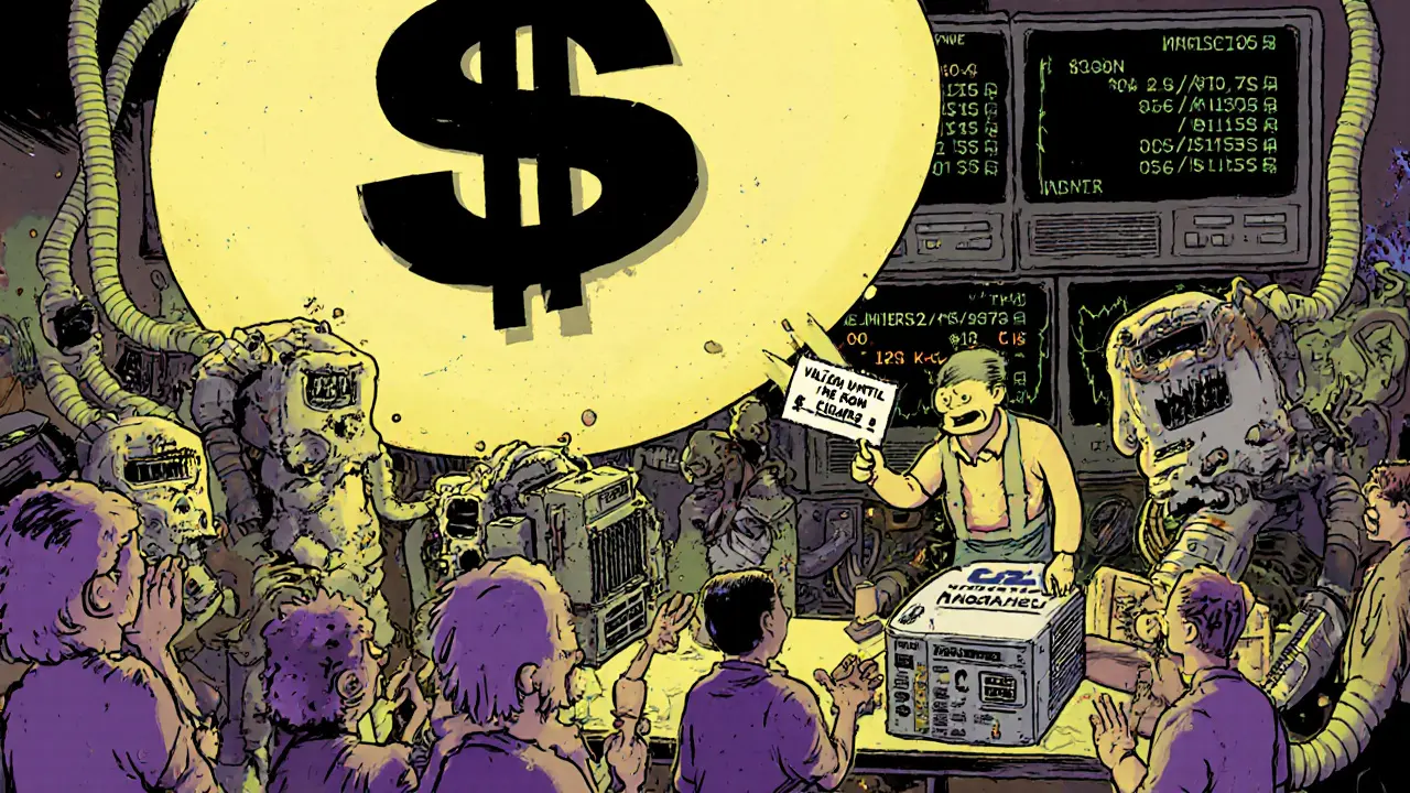 A surreal crypto market selling bizarre NFT mining rigs to confused buyers under a giant <h2>What Do You Actually Get in the Airdrop?</h2> sign.