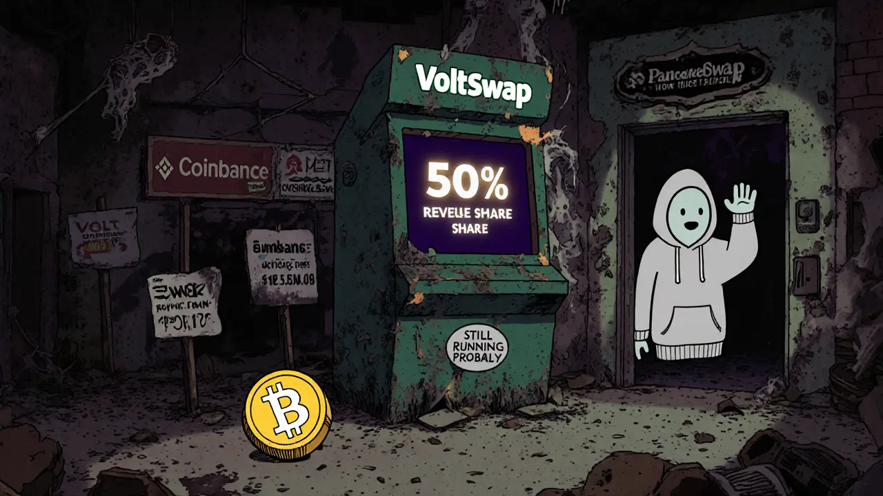 An abandoned VoltSwap kiosk in a ruined crypto mall, with a lone VOLT token rolling past extinct exchange signs.