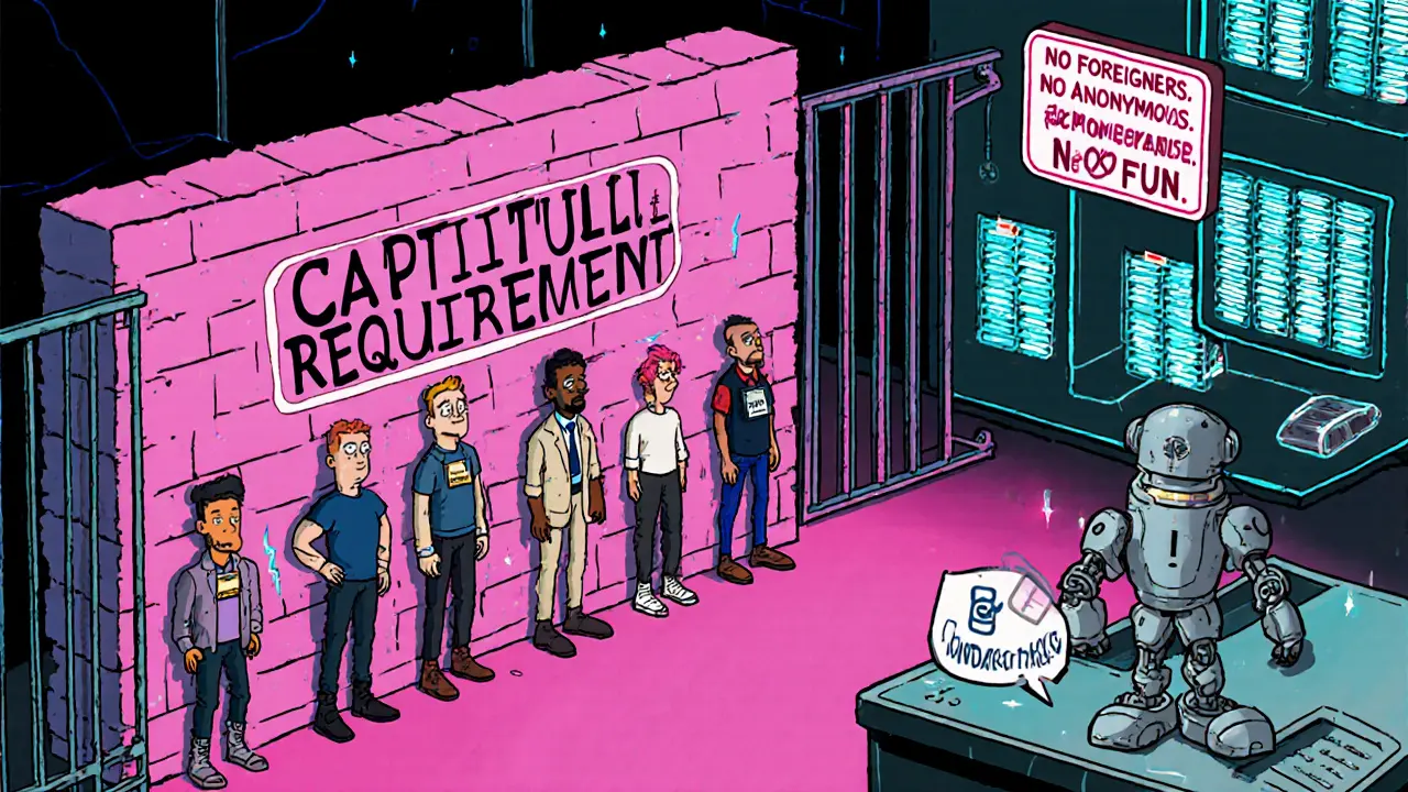 Startups blocked by a giant capital wall as a government robot watches over a licensed exchange.