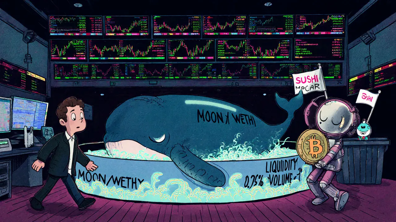Three characters in a hollow trading floor: a sleepwalker, a confused robot, and a sleeping whale labeled &#039;LIQUIDITY&#039; beside zero-volume screens.