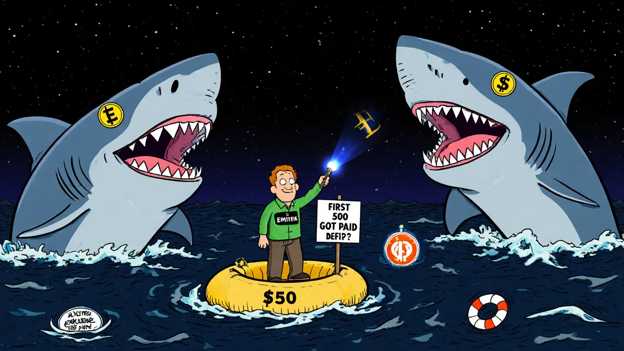 A lone investor on a small raft in a dark ocean of DeFi, surrounded by sharks made of $ESW tokens.