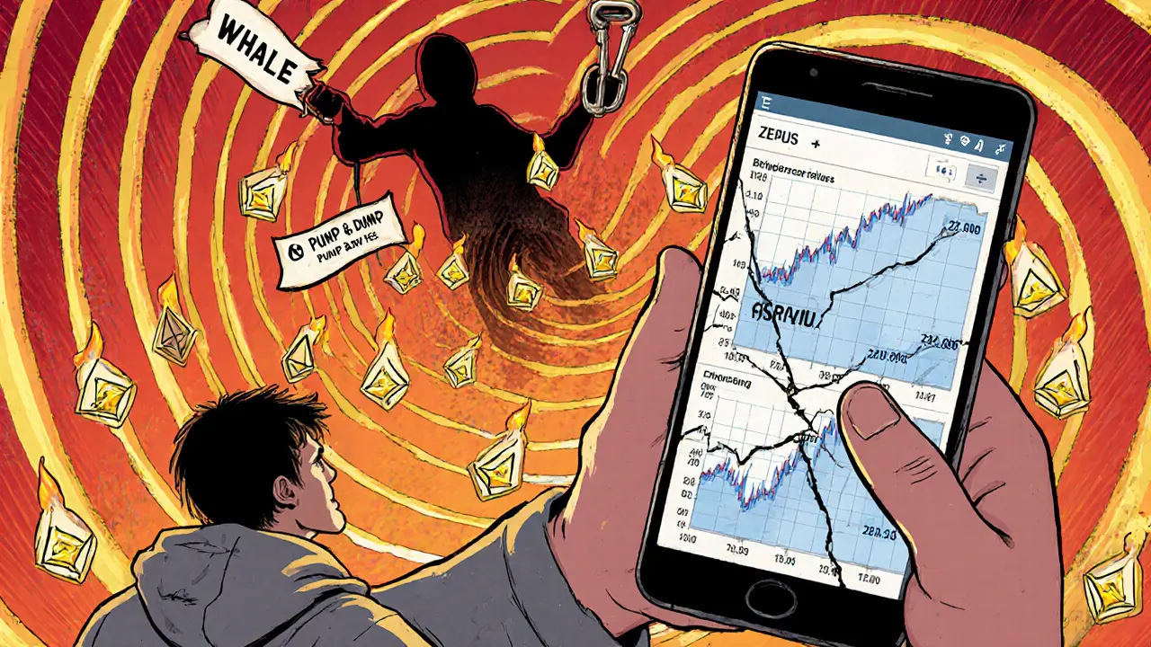 A tired investor stares at spiraling ZEUS price charts while a &#039;Whale&#039; pulls a pump-and-dump lever.