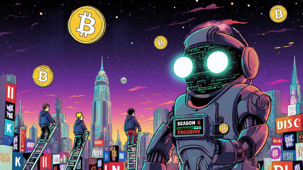 Giant MIRROR tokens float above a city of Netflix logos as fans climb blockchain ladders to unlock exclusive content.