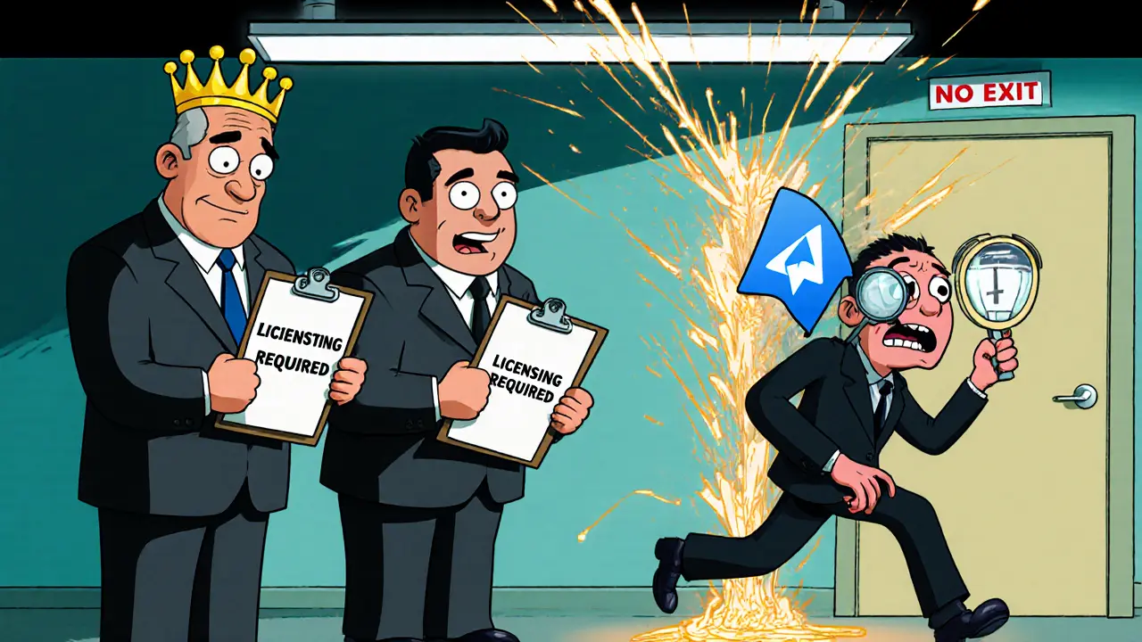 Government regulators confront an unlicensed crypto trader in a surreal office scene.