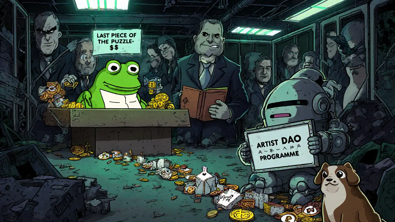 Pepe the Frog auctioned off in a decaying server room as an empty NFT frame lies beside discarded meme coins.