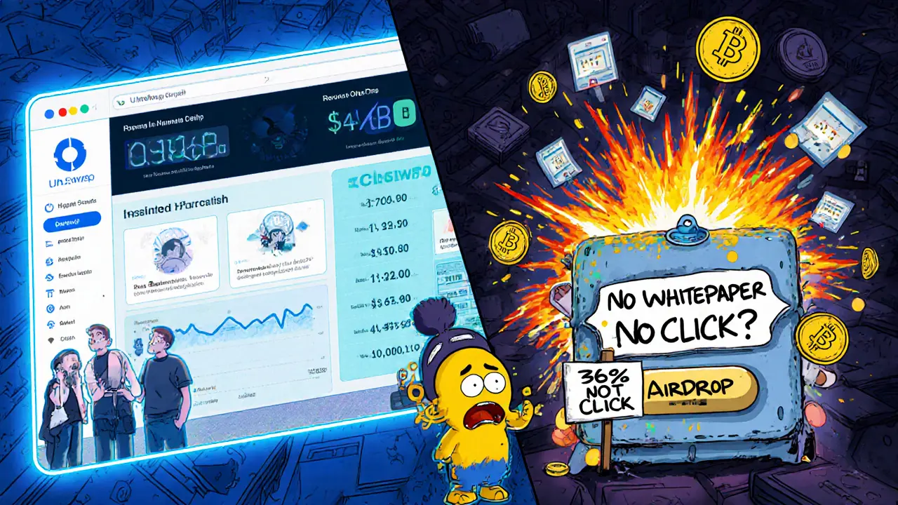 Split cartoon: calm Uniswap vs chaotic EmiSwap dashboard with exploding rewards and a &#039;No Whitepaper&#039; sign.