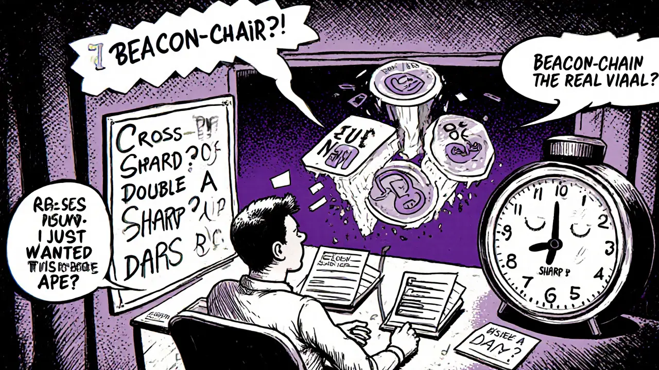 A confused developer stares at glitching NFTs and complex whiteboards as a giant clock ticks with a 10-second delay, surrounded by humorous memes.