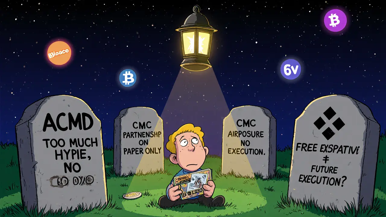 A graveyard of failed DeFi projects with tombstones, a lone user holding an ACMD token like a souvenir under a flickering lantern.