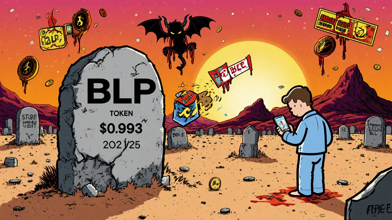 A lonely investor staring at a nearly zero BLP token price in a crypto graveyard