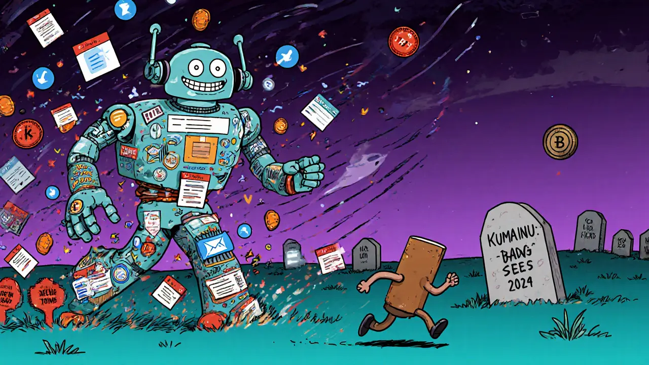 A running wallet escapes a robot made of scam websites, chased by fake DMs, as a graveyard of dead tokens looms behind.