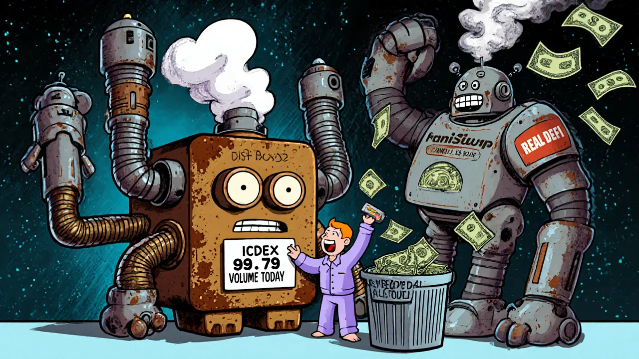 A rusty Internet Computer robot trying to accept a credit card while bigger DEX robots laugh nearby.