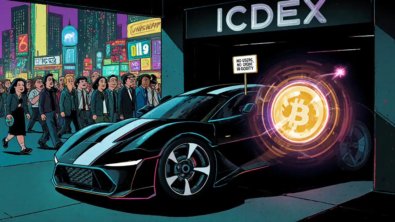 A sleek car named ICDex with no fuel, parked as traders walk away toward a bustling DeFi city.
