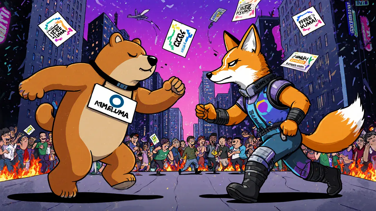 A sleepy bear and a futuristic fox clash, while confused users chase fake airdrop flyers in a neon-lit crypto chaos.