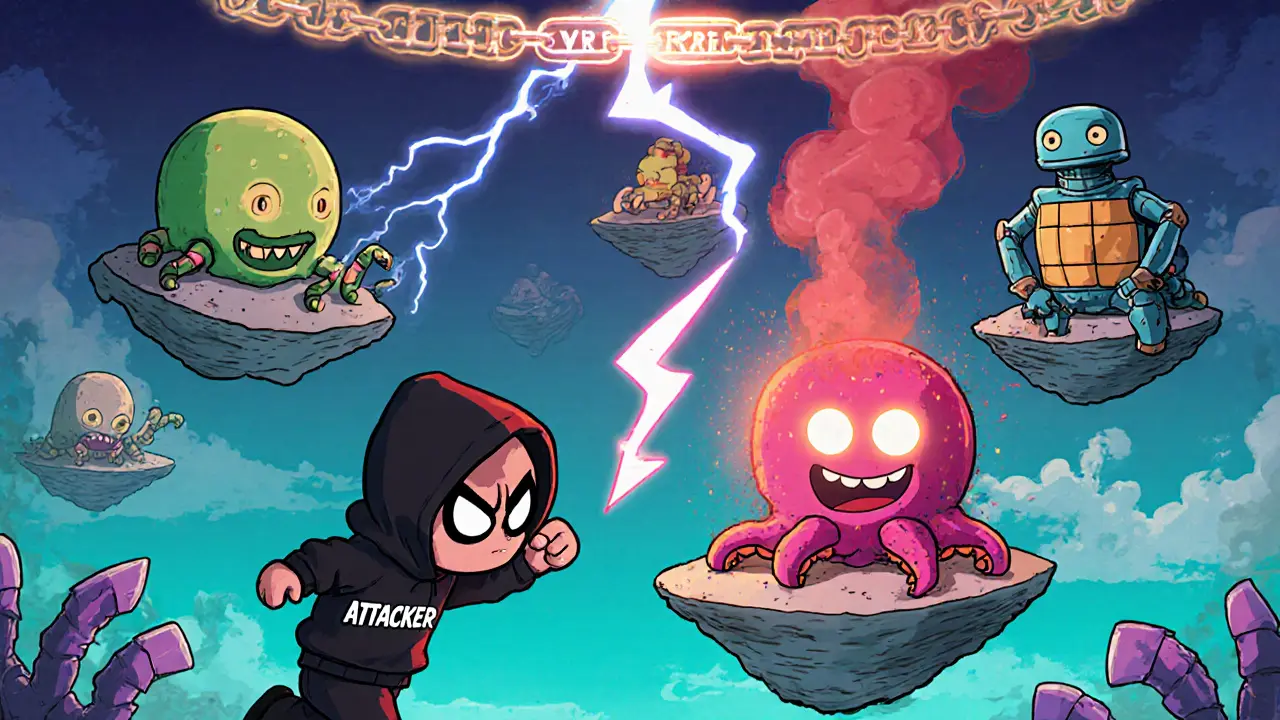 A sneaky attacker tries to invade one of many floating shards, each guarded by bizarre validator creatures, while random lightning strikes assign protections.