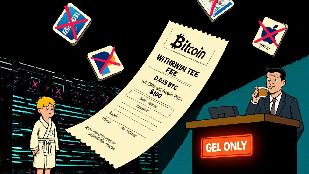 An oversized Bitcoin withdrawal fee receipt towers over a frustrated user, with blocked payment methods crossed out around them.