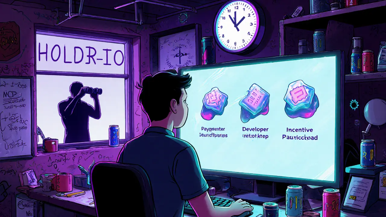 Developer stares at floating AI protocol icons while a mysterious figure watches from outside.