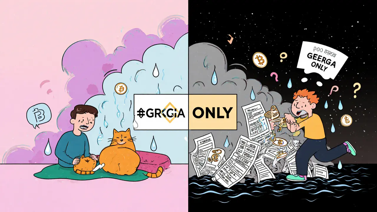 Split-screen: calm Georgian crypto user vs. overwhelmed global trader separated by a &#039;GEORGIA ONLY&#039; wall.