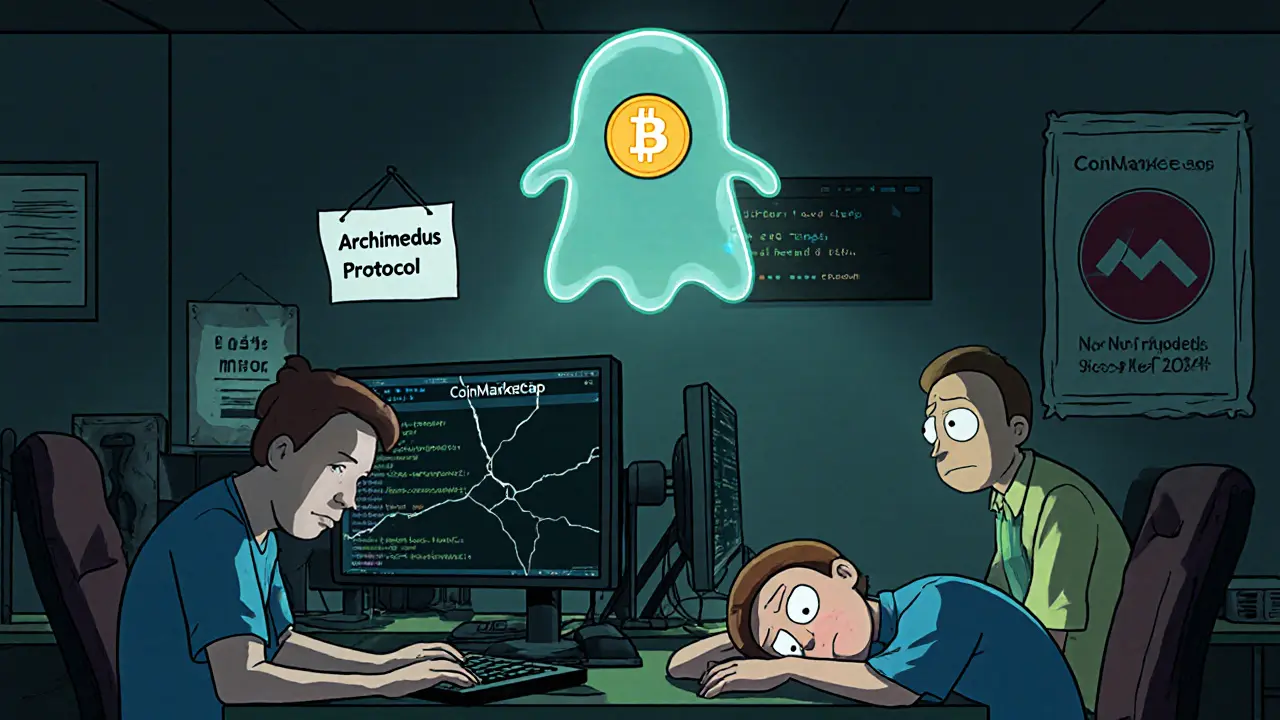 Tired developers in a dim office surrounded by zero-transaction monitors, one sleeping on a keyboard labeled Archimedes Protocol.