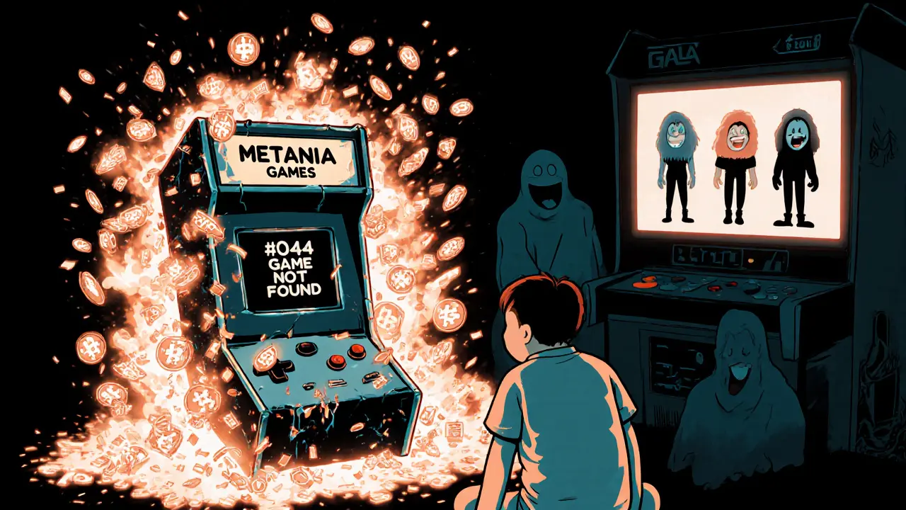 A broken game console labeled &#039;METANIA GAMES&#039; explodes as a player stares at a blank screen, while real gaming tokens laugh nearby.