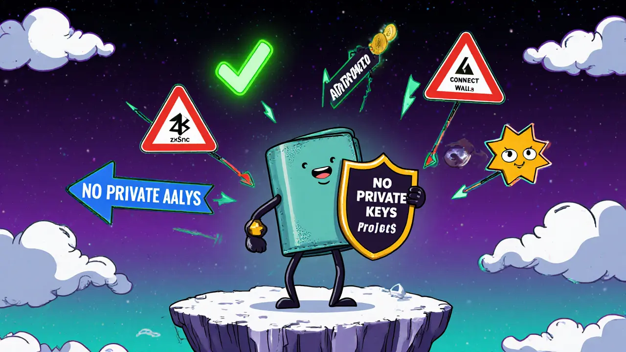 A cartoon MetaMask wallet defending against crypto scam arrows on a blockchain platform.