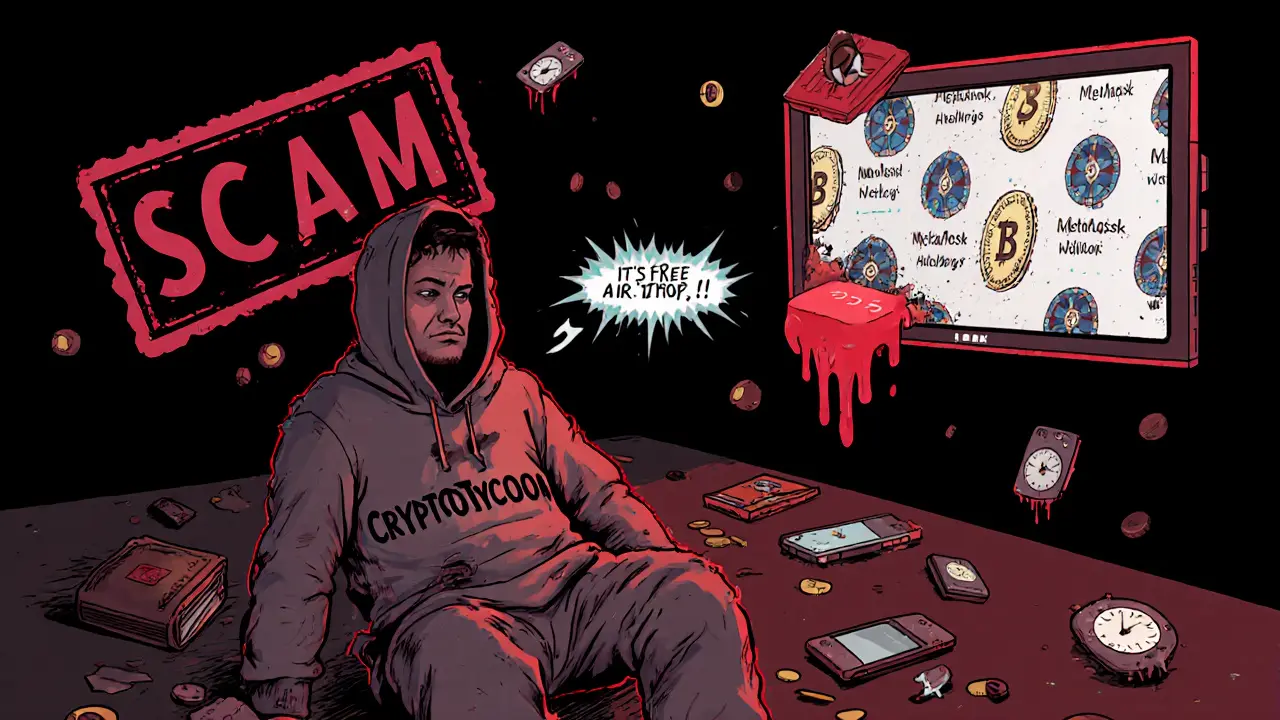 A defeated scammer crushed by a &#039;SCAM&#039; stamp while real airdrops play on a TV screen.