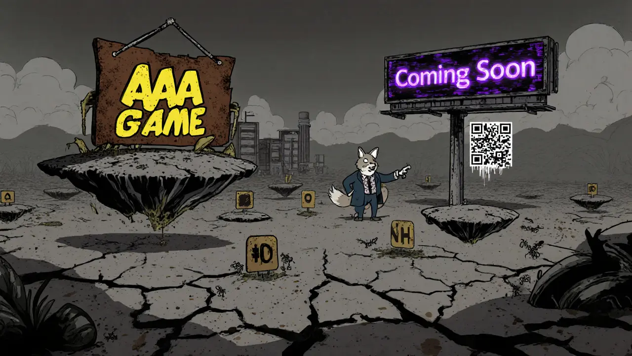 A desolate virtual world with broken signs and a dying server farm under a flickering &#039;Coming Soon&#039; billboard.