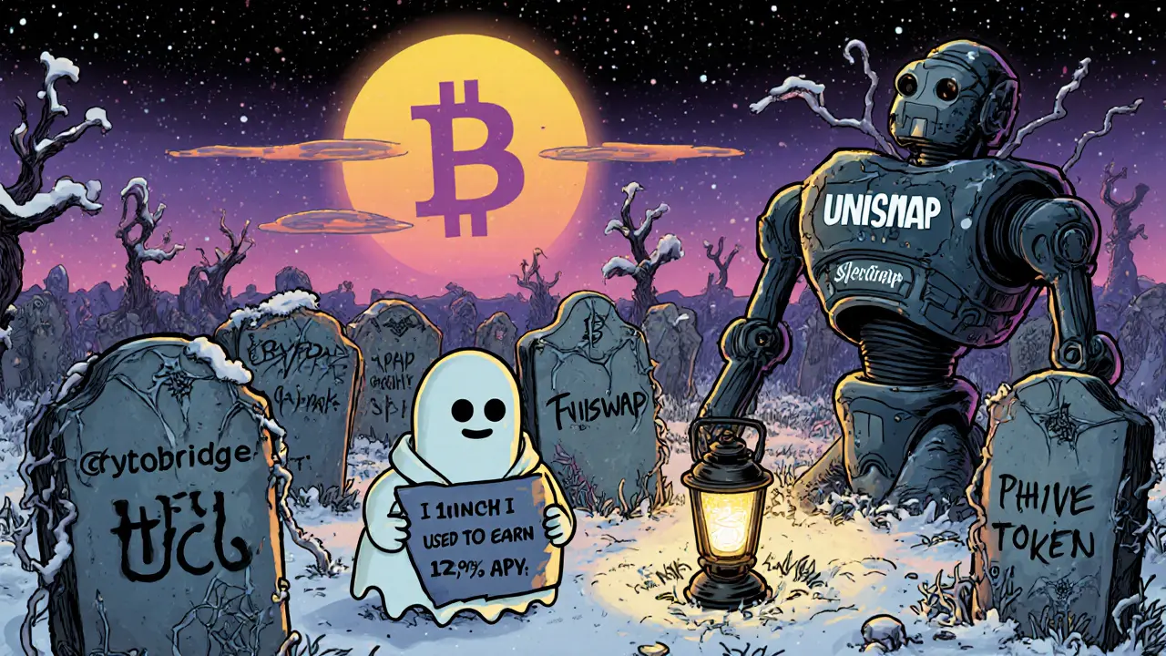 A graveyard of dead crypto projects with one glowing alternative shining in the distance.