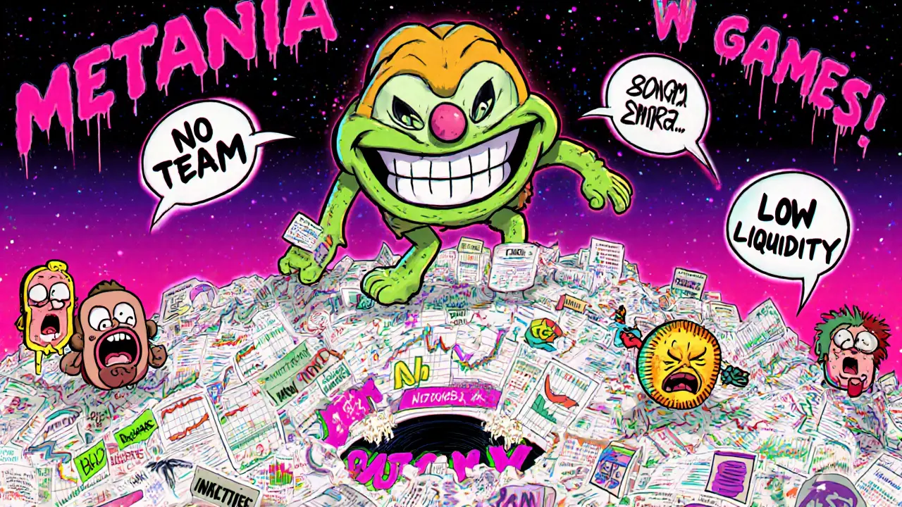 A grotesque METANIA mascot on a mountain of conflicting data charts, with investors being sucked into a vortex.