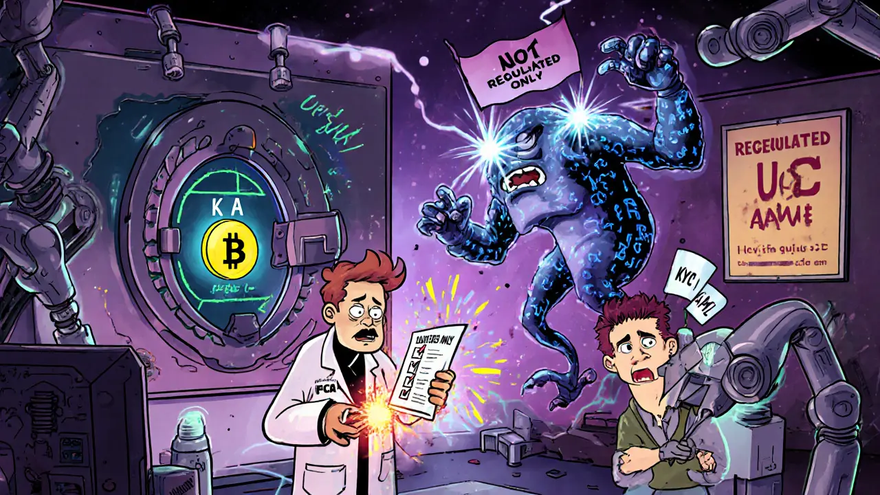 A mad scientist fusing a stablecoin into a bank vault while a decentralized blockchain monster escapes.