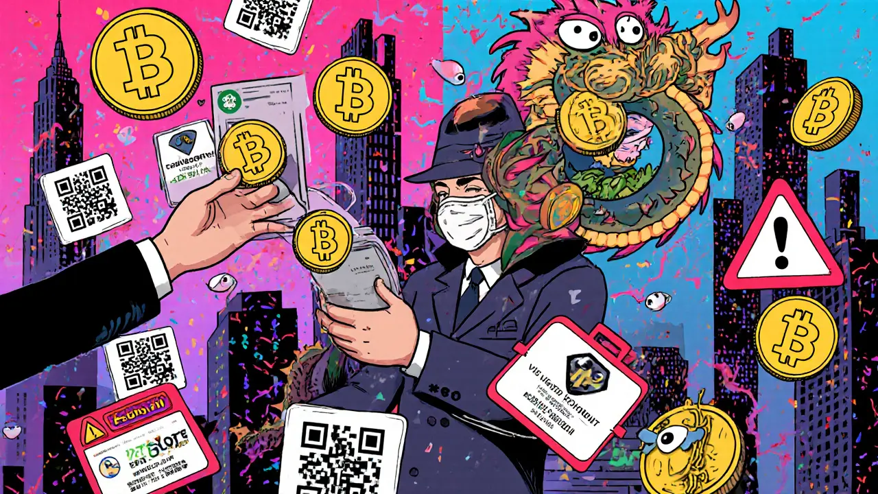 A peer-to-peer crypto trade mediated by a dragon escrow service, with yuan and USDT tokens floating in a WeChat group scene.