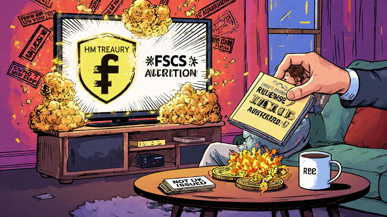 An investor watches a protective shield over their crypto wallet as unlicensed firms explode outside.