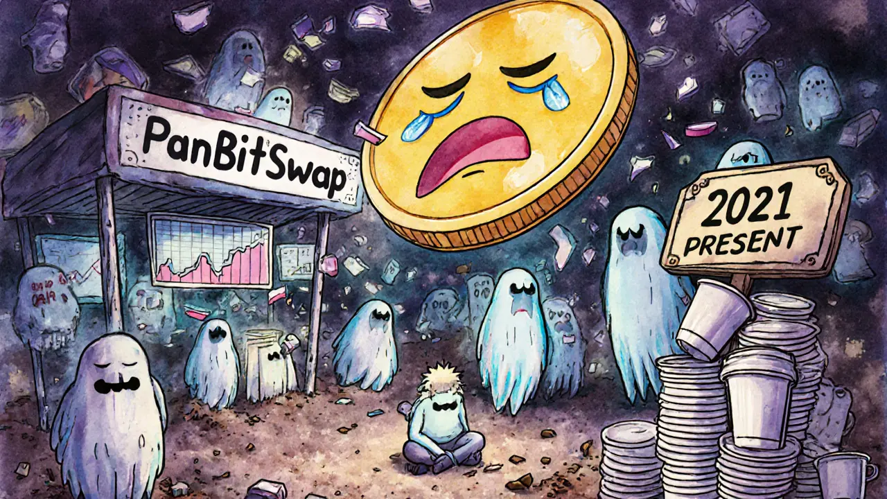 Ghostly traders exchange nothing at a booth while a crying QBIT token floats above crumbling price charts.