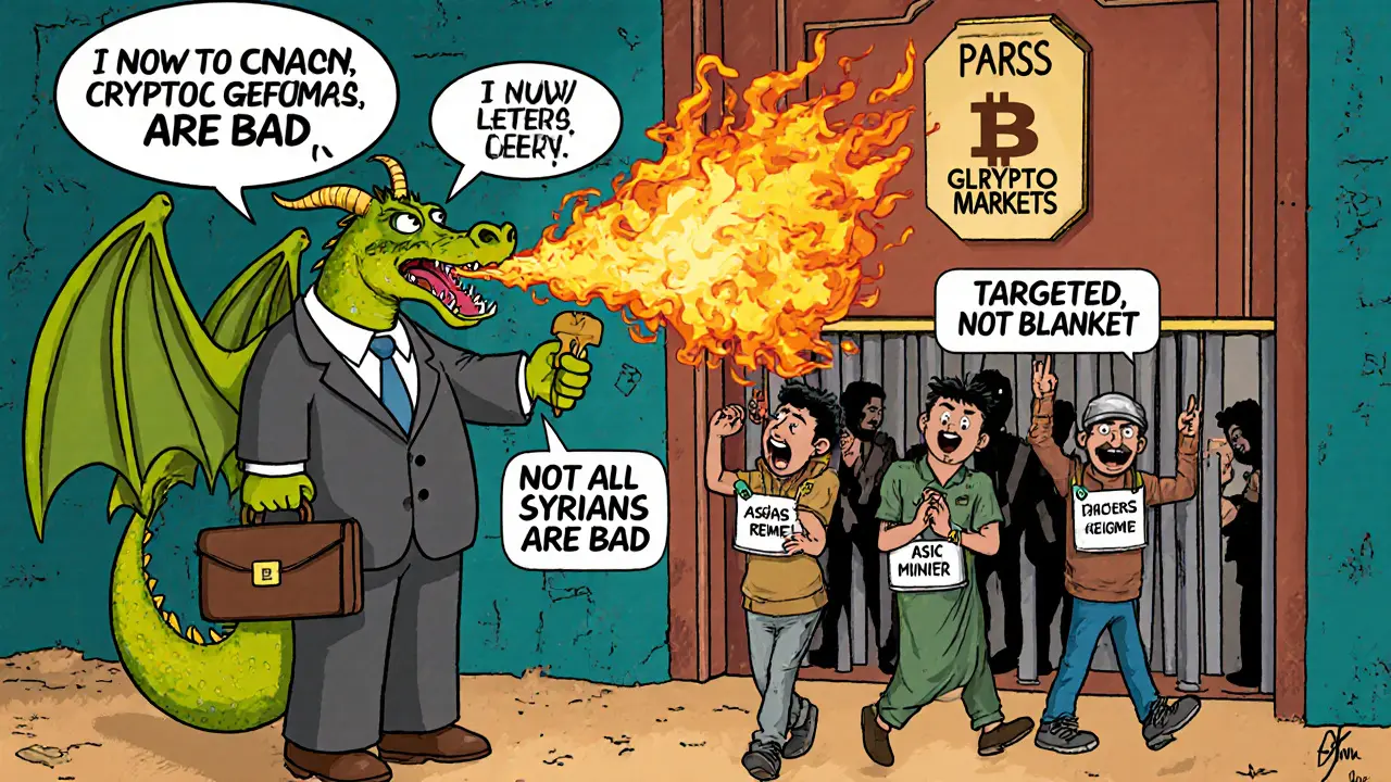 A bureaucratic dragon releases a golden key labeled PAARSS that unlocks global crypto access for ordinary Syrians, while bad actors are blocked by a scanner.