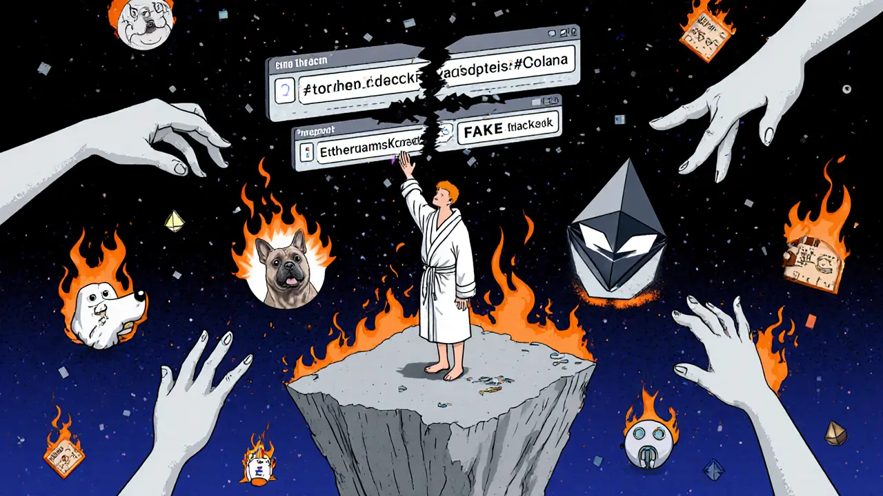 A confused investor reaching for conflicting blockchain addresses as ghostly hands steal their cryptocurrency.