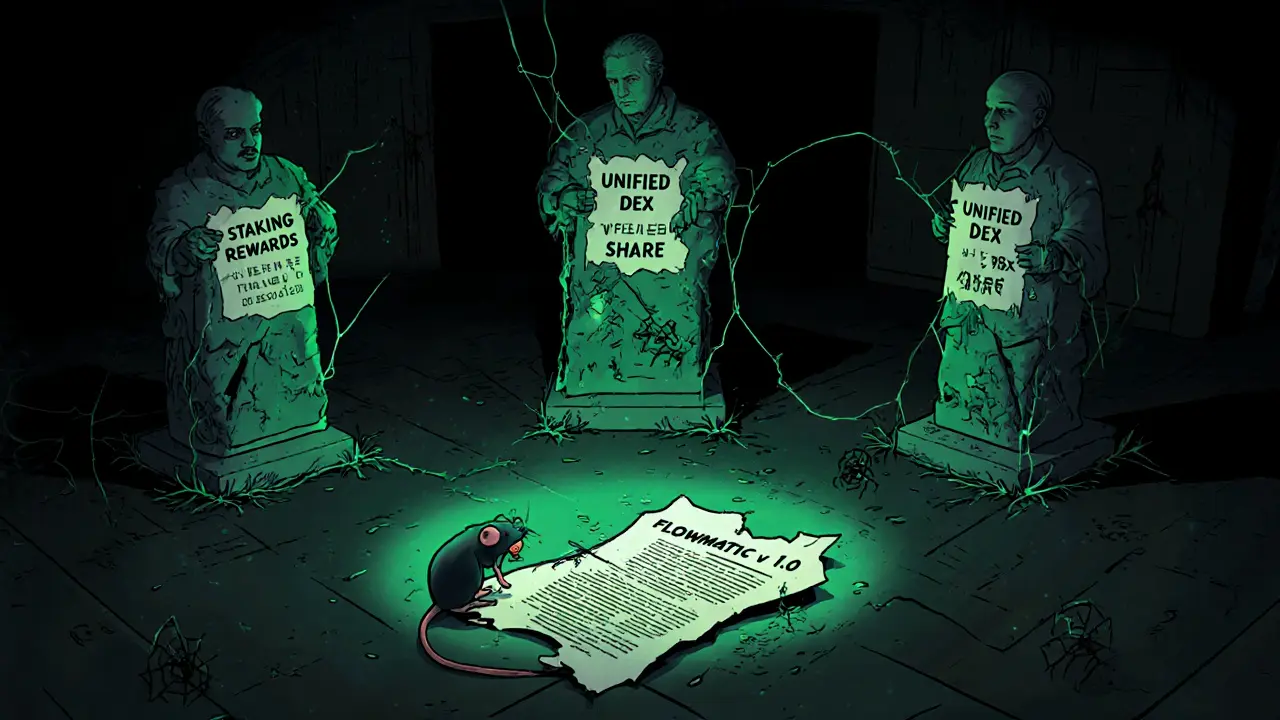 A dark server room with a glowing Solana node surrounded by crumbling statues of failed Flowmatic features, covered in cobwebs.