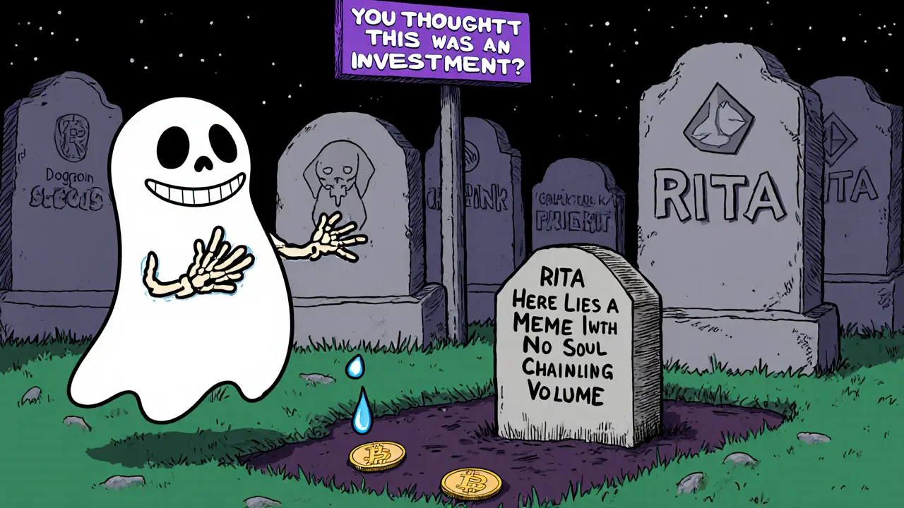 A ghost shaped like the RITA logo in a crypto graveyard, with towering legitimate projects and a tiny tombstone for RITA.