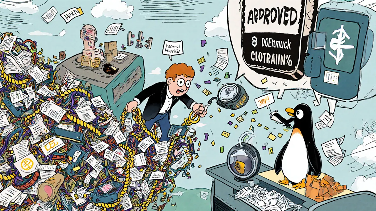 A miner dragging receipts toward a tax stamp while a penguin accountant inspects a blockchain diagram.
