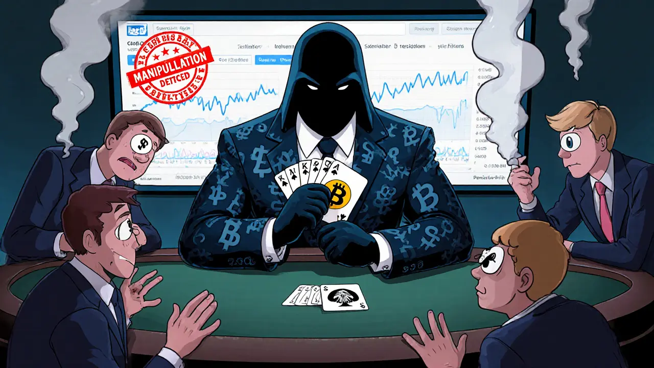 A shadowy institutional whale playing poker with Bitcoin cards while retail traders tremble.