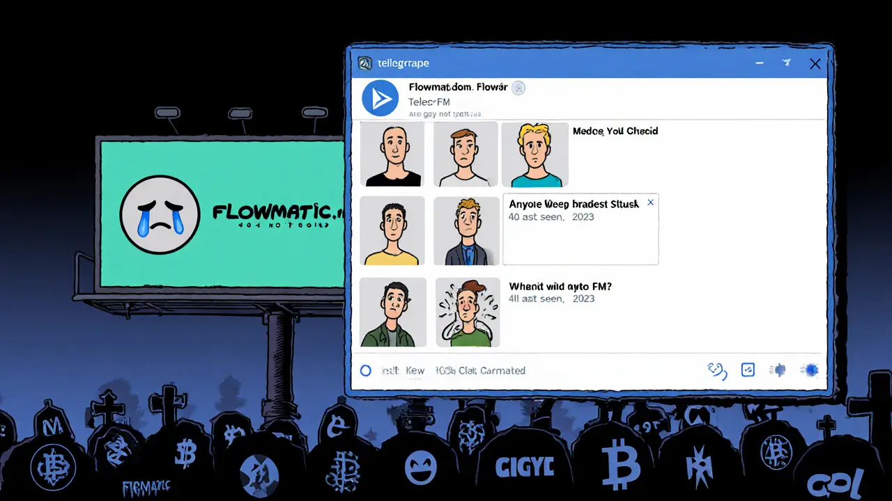 A silent Telegram chat with 12 inactive users and a &#039;404 NOT FOUND&#039; billboard outside the window, symbolizing a dead crypto project.