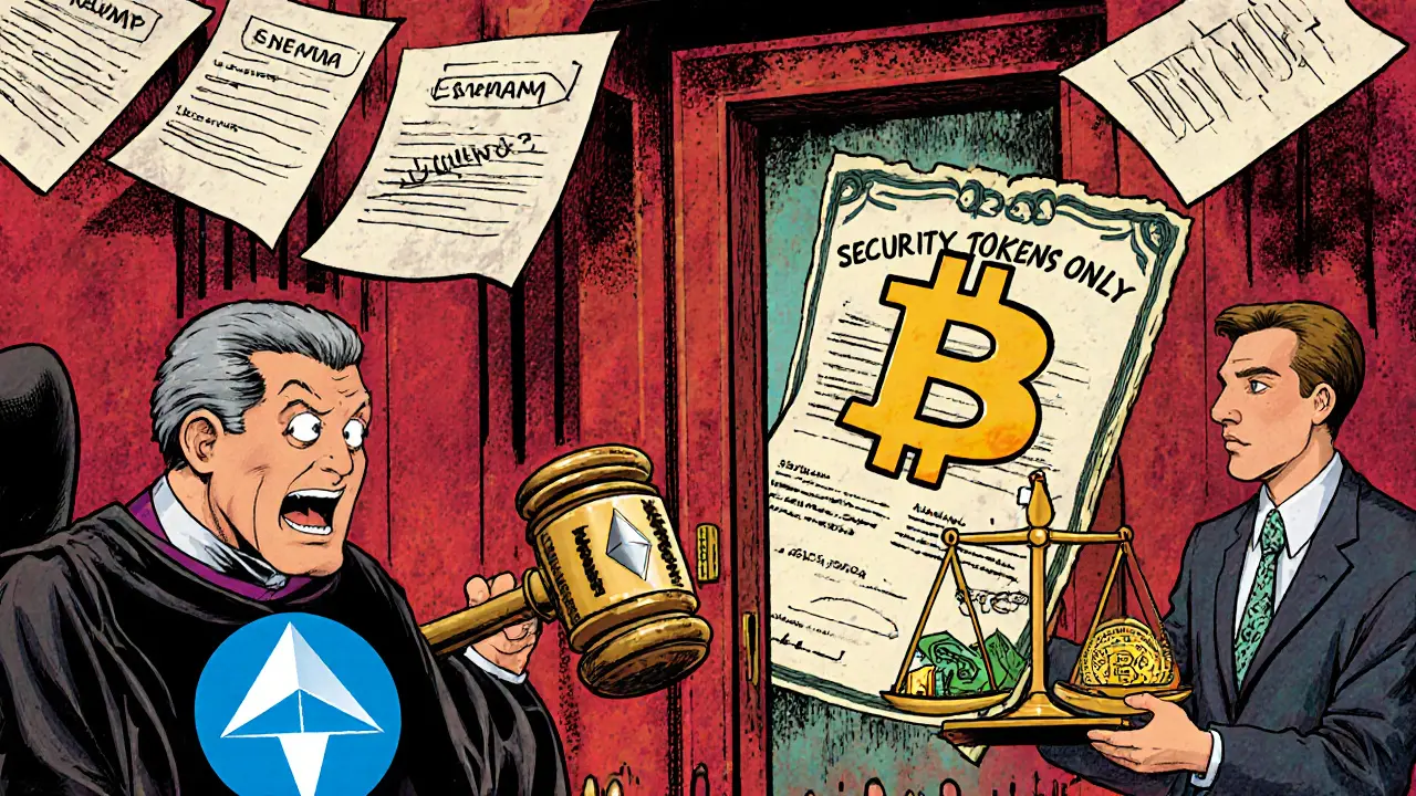 Absurd courtroom scene with a Stellar gavel and a stock certificate on trial under legal documents.