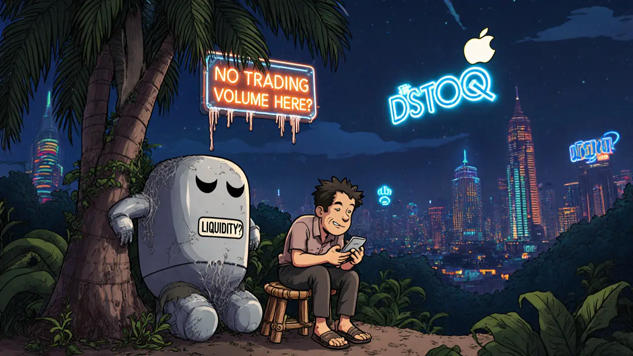 Farmer in Vietnam trying to trade Apple stock while a sleepy &#039;Liquidity&#039; robot snoozes nearby.