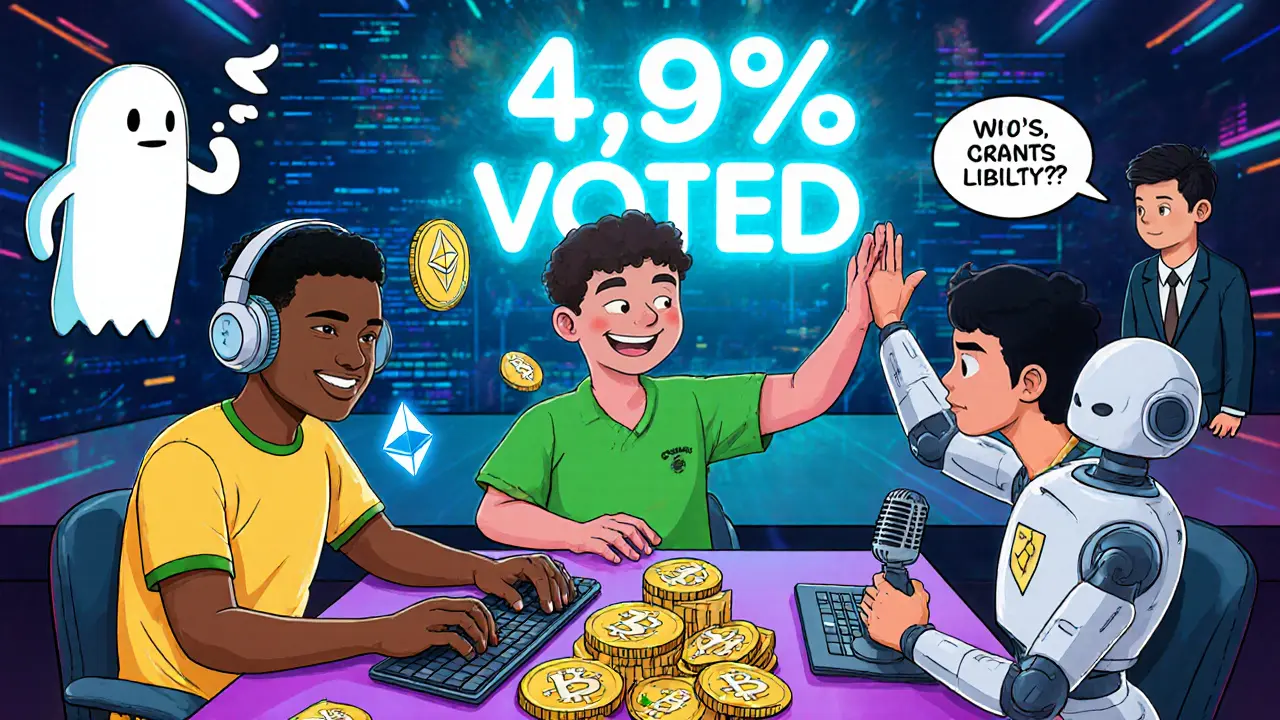 Global team of quirky characters working in a neon digital space with a flickering &#039;4.7% VOTED&#039; sign and a legal ghost.