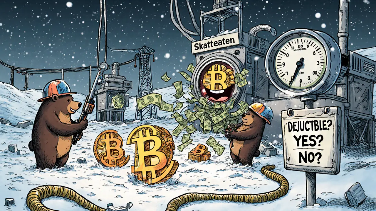 Mechanical bears mining Bitcoin blocks that turn into NOK bills, sucked into a tax meter under snowy Arctic skies.