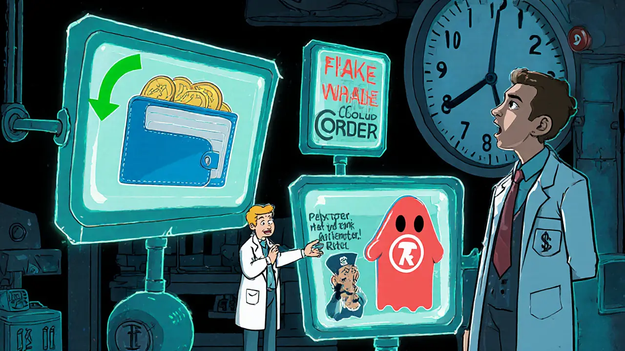 Scientists analyzing glowing whale wallets on holograms as a retail trader watches through a keyhole.