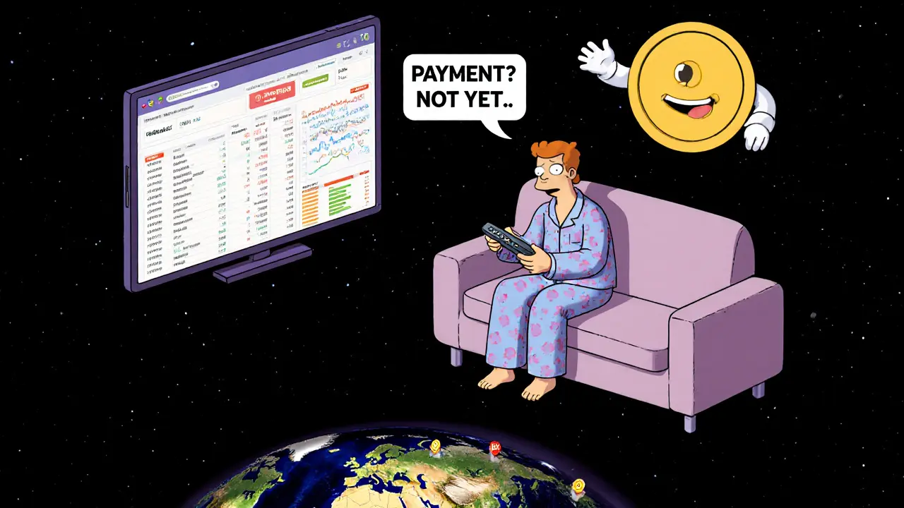 Trader in pajamas watches OJK dashboard in space as stablecoin blocks payment use with a sign.