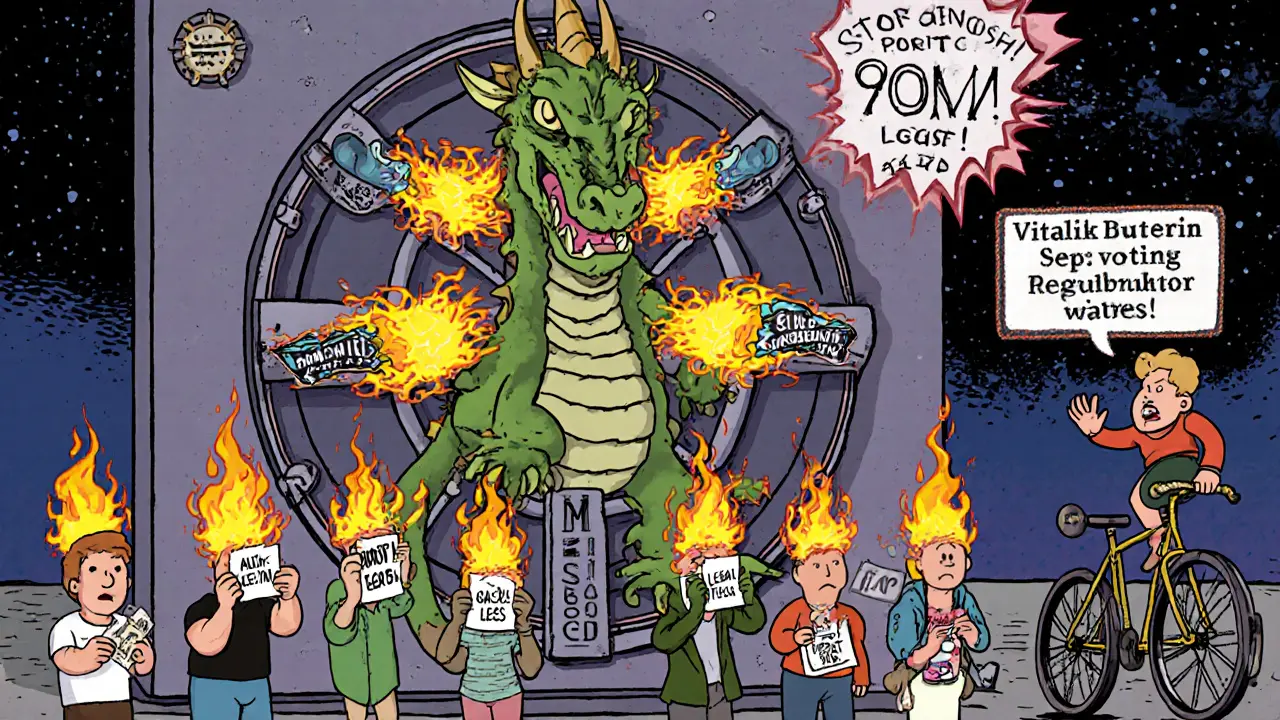 Treasury vault guarded by a six-headed dragon, contributors holding ballots, giant &#039;90M LOST&#039; scoreboard, Vitalik on a unicycle.